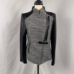 Anne Fontaine Ryska Jacket Women 42 Black White Tweed Leather Sleeve Moto